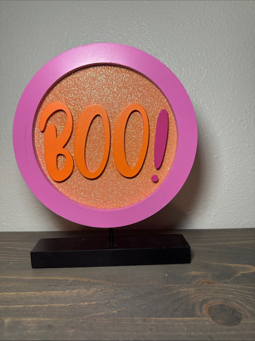 Decorative 'BOO!' Halloween Accent Sign in Pink and Orange